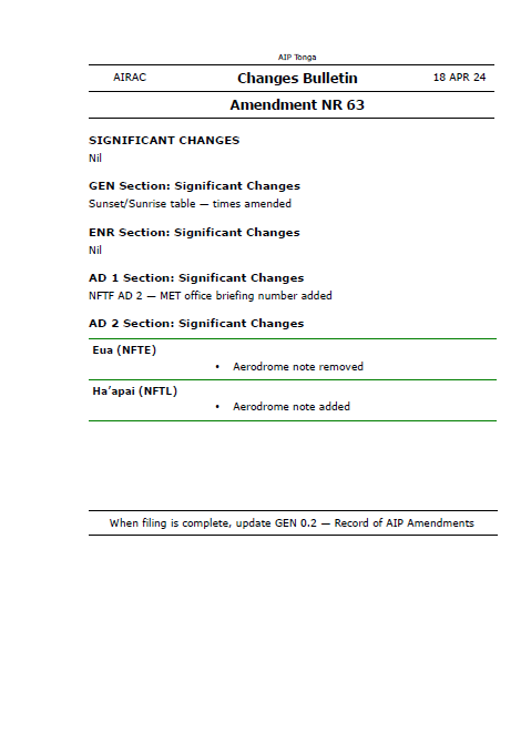 AIP Tonga Amendment NR 63 - Digital Version only - Effective 18 April 2024