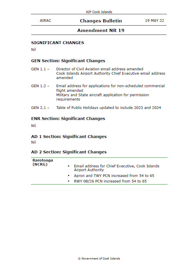 AIP Cook Islands Amendment NR 19 - Digital Version only - Effective 19 May 2022