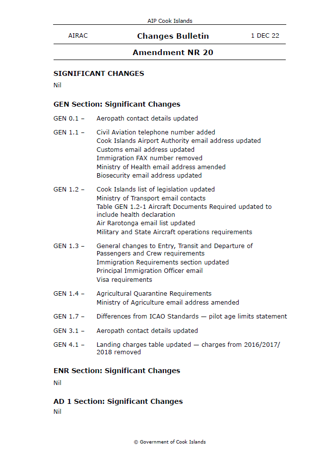 AIP Cook Islands Amendment NR 20 - Digital Version only - Effective 1 December 2022