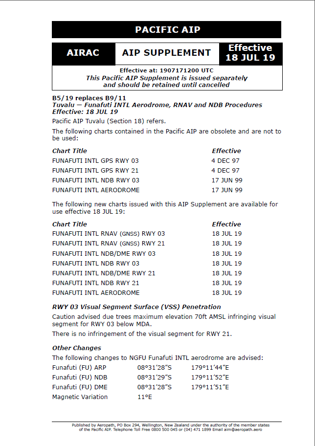 PACIFIC AIP Supplement - Digital Version only - B5/19 Tuvalu-Funafuti Effective 18 July 2019