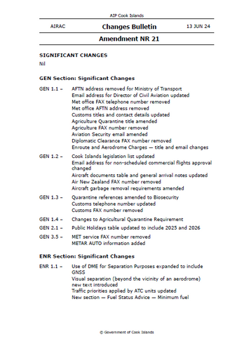 AIP Cook Islands Amendment NR 21 - Digital Version only - Effective 13 June 2024