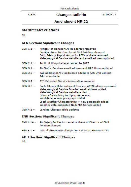 AIP Cook Islands Amendment NR 22 - Digital Version only - Effective 27 November 2025