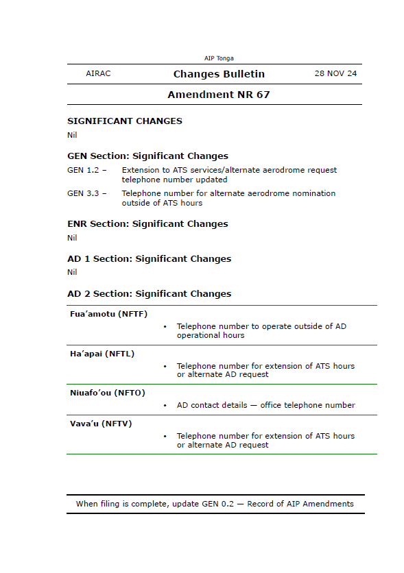 AIP Tonga Amendment NR 67 - Digital Version only - Effective 28 November 2024