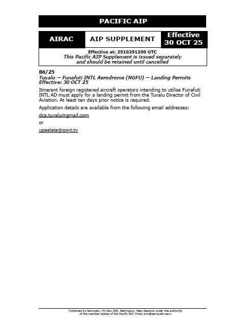 PACIFIC AIP Supplement - Digital Version only - B6/25 Tuvalu-Funafuti Effective 30 October 2025