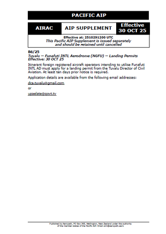 PACIFIC AIP Supplement - Digital Version only - B6/25 Tuvalu-Funafuti Effective 30 October 2025