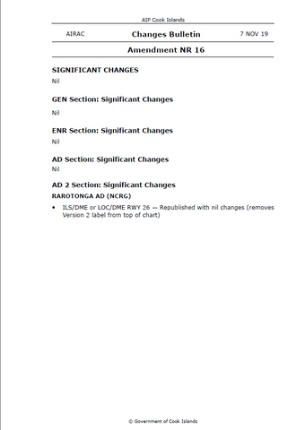AIP Cook Islands Amendment NR 16 - Digital Version only - Effective 7 November 2019