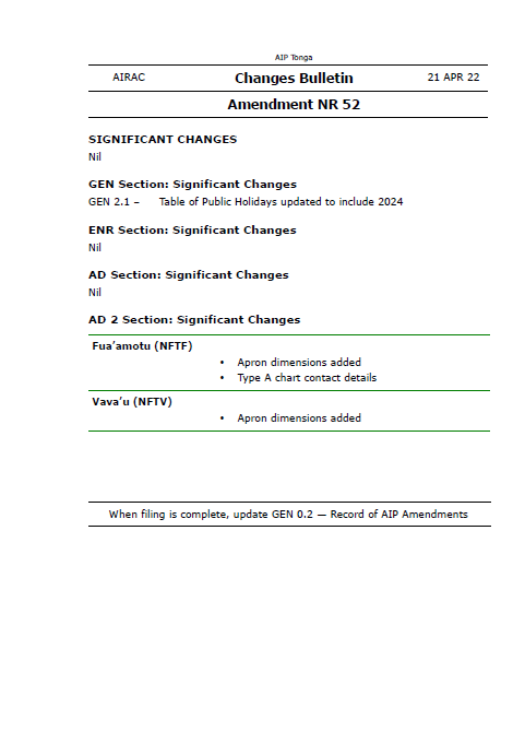 AIP Tonga Amendment NR 52 - Digital Version only - Effective 21 April 2022