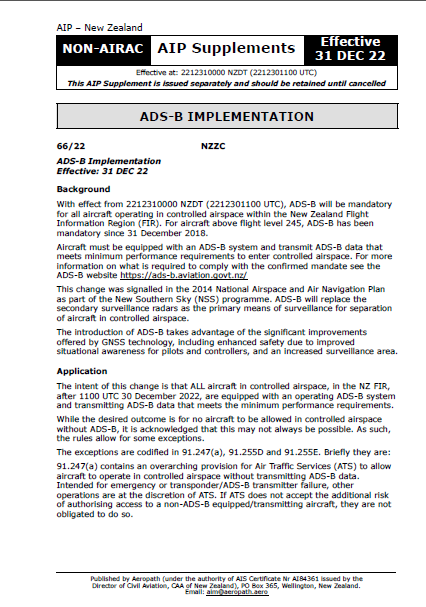 Non-AIRAC AIPNZ Supplements - Effective Date 31 December 2022